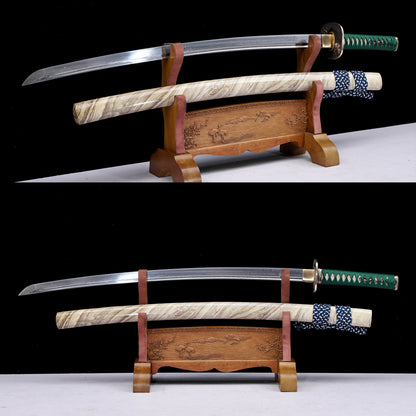 Twisted Damascus Steel Katana, Marble Wood Grain Lacquer Saya