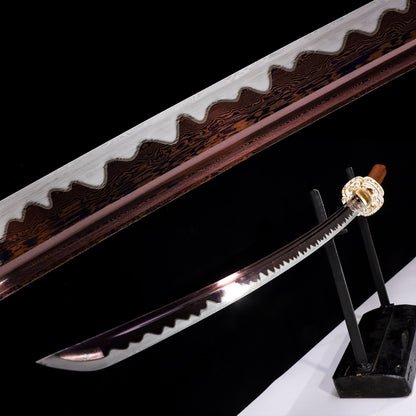 Color treated blade katana blade close-up - razor sharp color coated steel edge