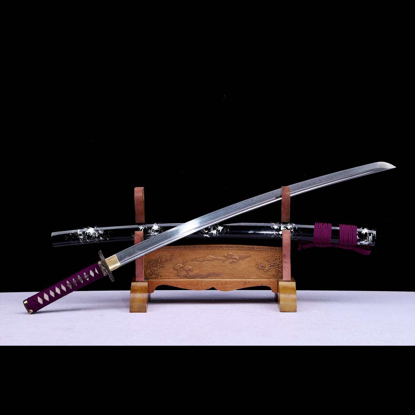 Damascus Steel Engraved Blade Katana, Black White Art Lacquer Saya