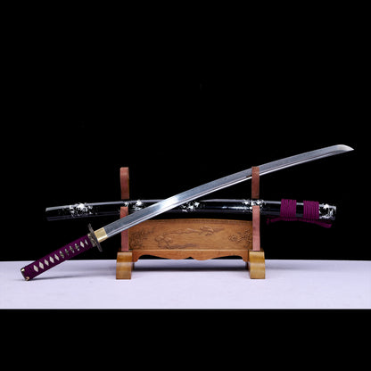 Damascus Steel Engraved Blade Katana, Black White Art Lacquer Saya