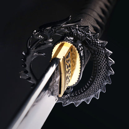 Black Dragon katana tsuba guard detail - dragon motif hand guard close-up