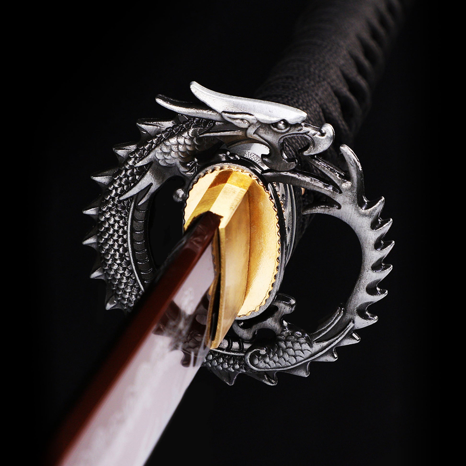 Dark Red Dragon katana tsuba guard detail - dragon motif hand guard close-up