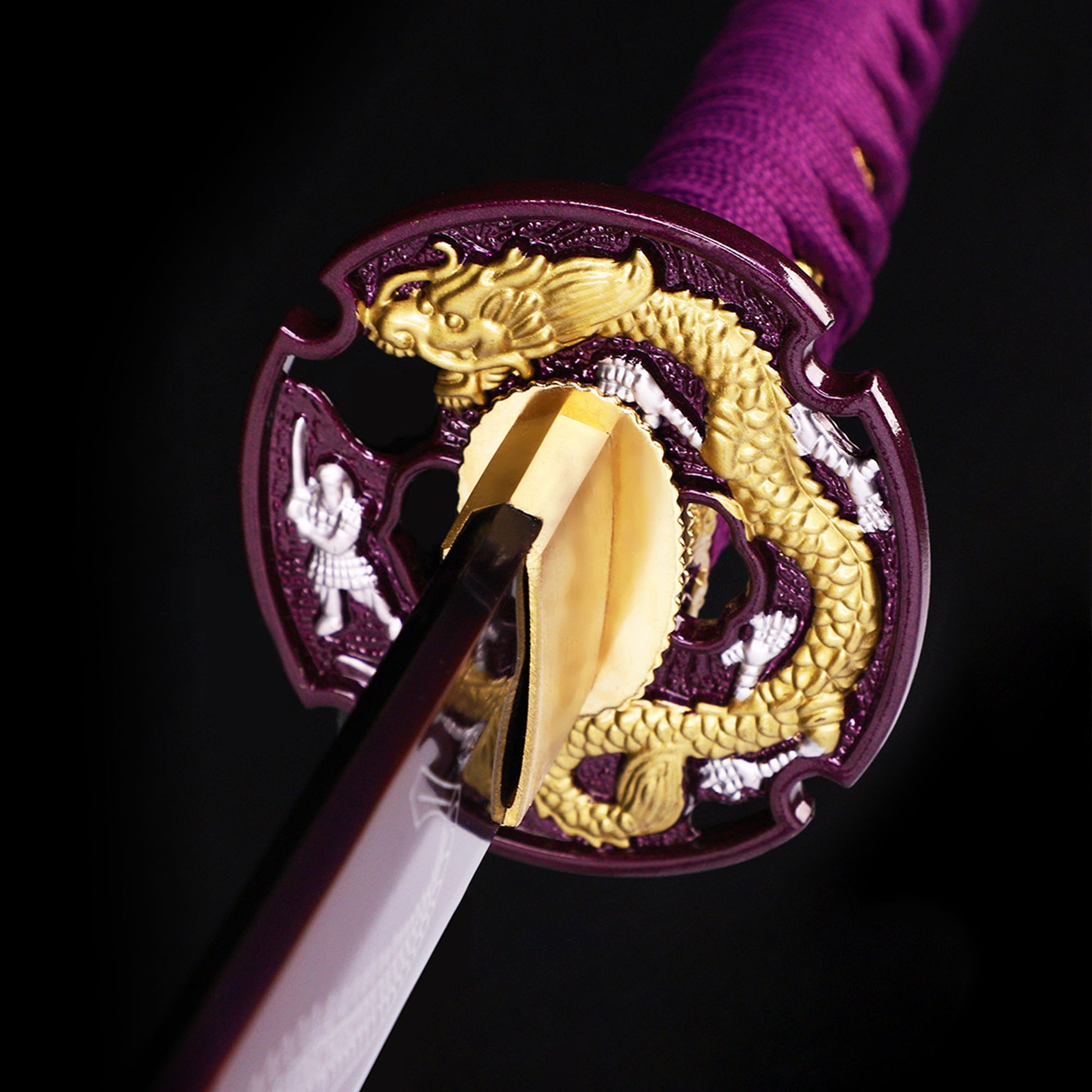 Purple Dragon katana tsuba guard detail - dragon motif hand guard close-up