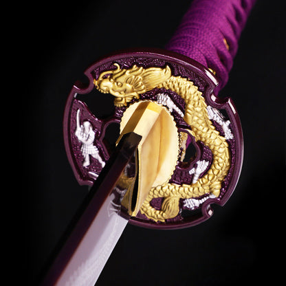 Purple Dragon katana tsuba guard detail - dragon motif hand guard close-up