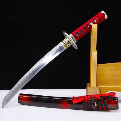 Red handle blood splatter tanto side profile - full tang steel blade splatter saya