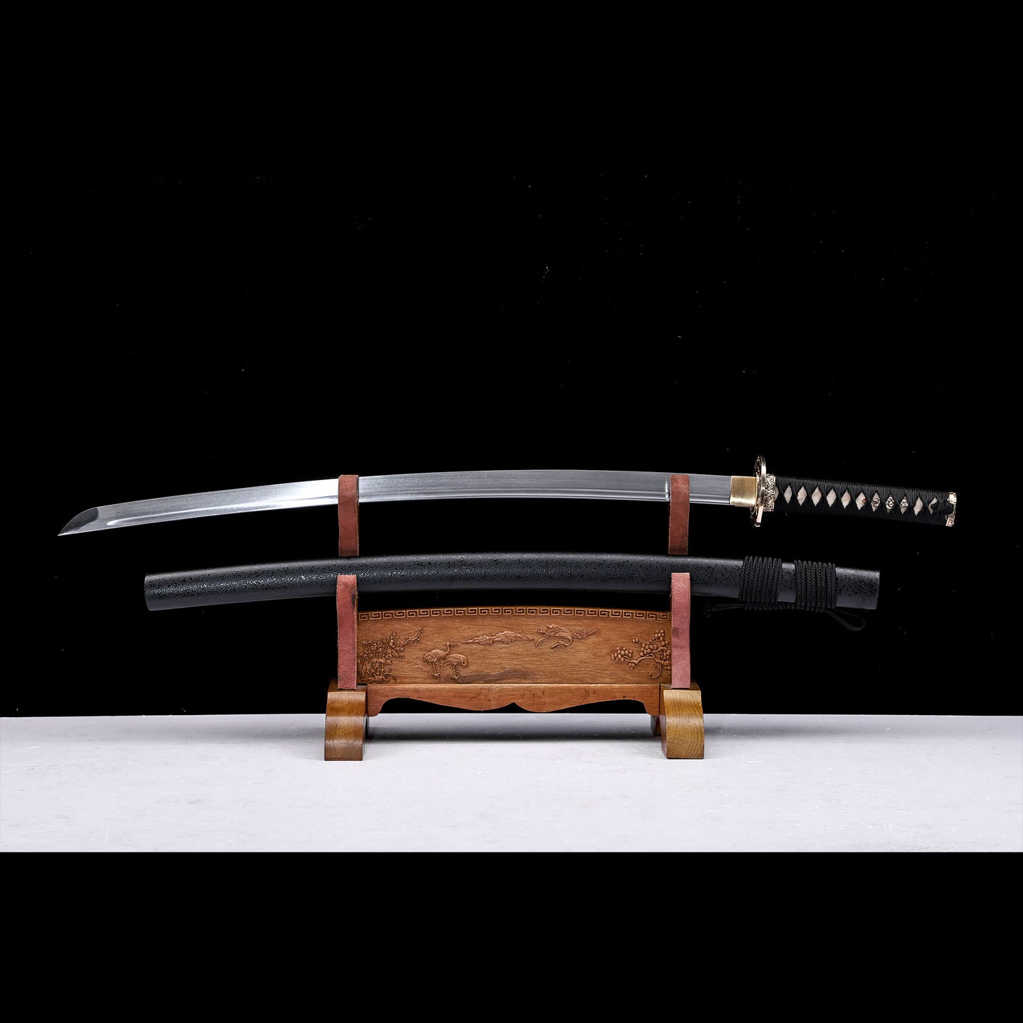 Damascus Steel Hand-Forged Katana with Black Grain Saya & Copper Fittings