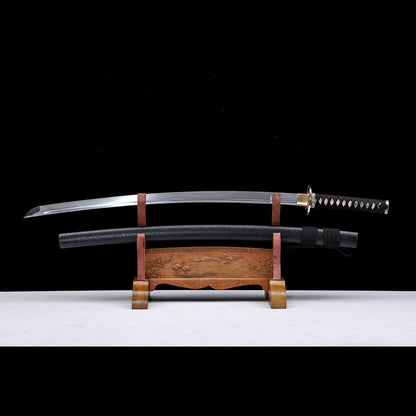 Damascus Steel Hand-Forged Katana with Black Grain Saya & Copper Fittings