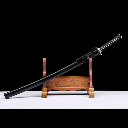 Damascus Steel Oil-Quenched Katana, Black Speckled Lacquer Saya