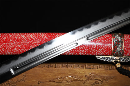 Bright Red Genuine Ray Skin Gold Silver Plated Relief Brass Sword