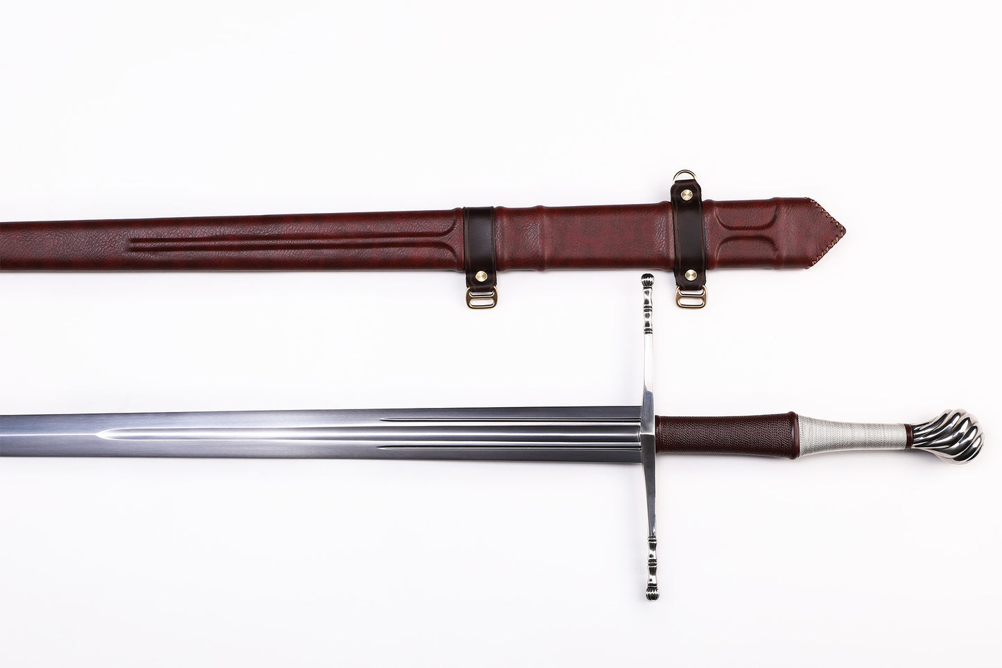 Medieval European Two Handed Sword, Vintage Crossguard Twisted Pommel Leather Scabbard