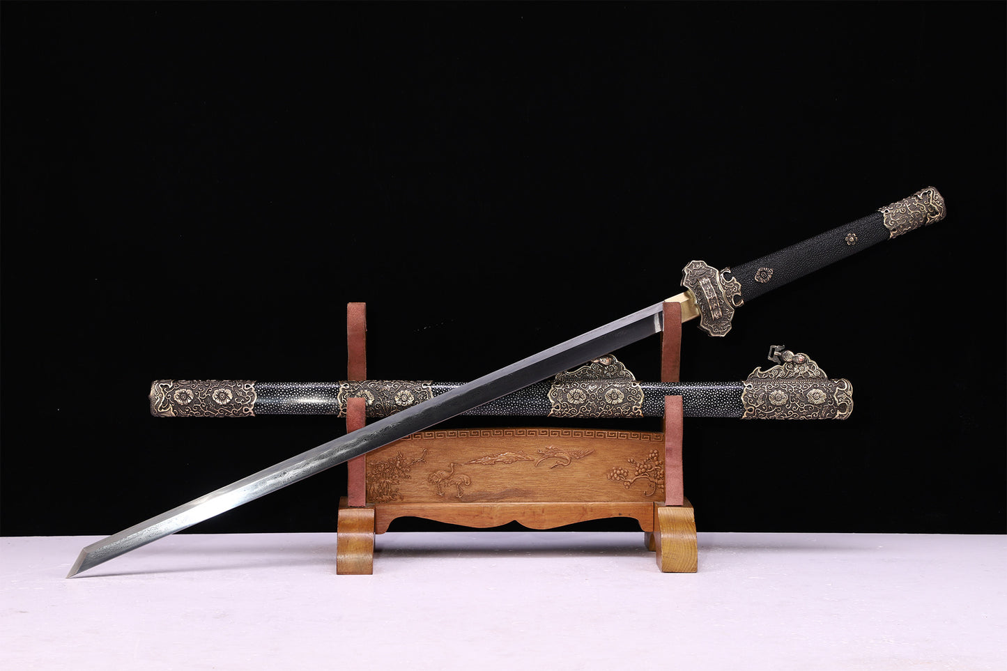 Full Wrapped Black Ray Skin Peony Scroll Vintage Copper Fittings Sword