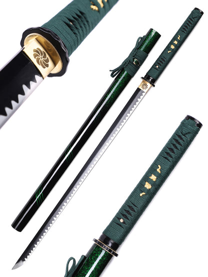 Japanese sword green saya close-up - lacquer scabbard and koiguchi detail