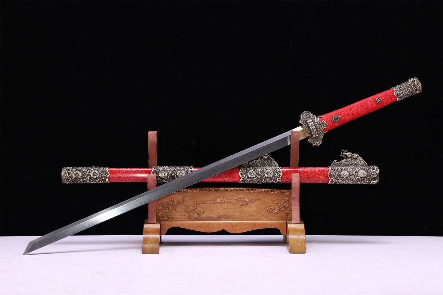 Red Genuine Ray Skin Scroll Floral Vintage Copper Fittings Sword