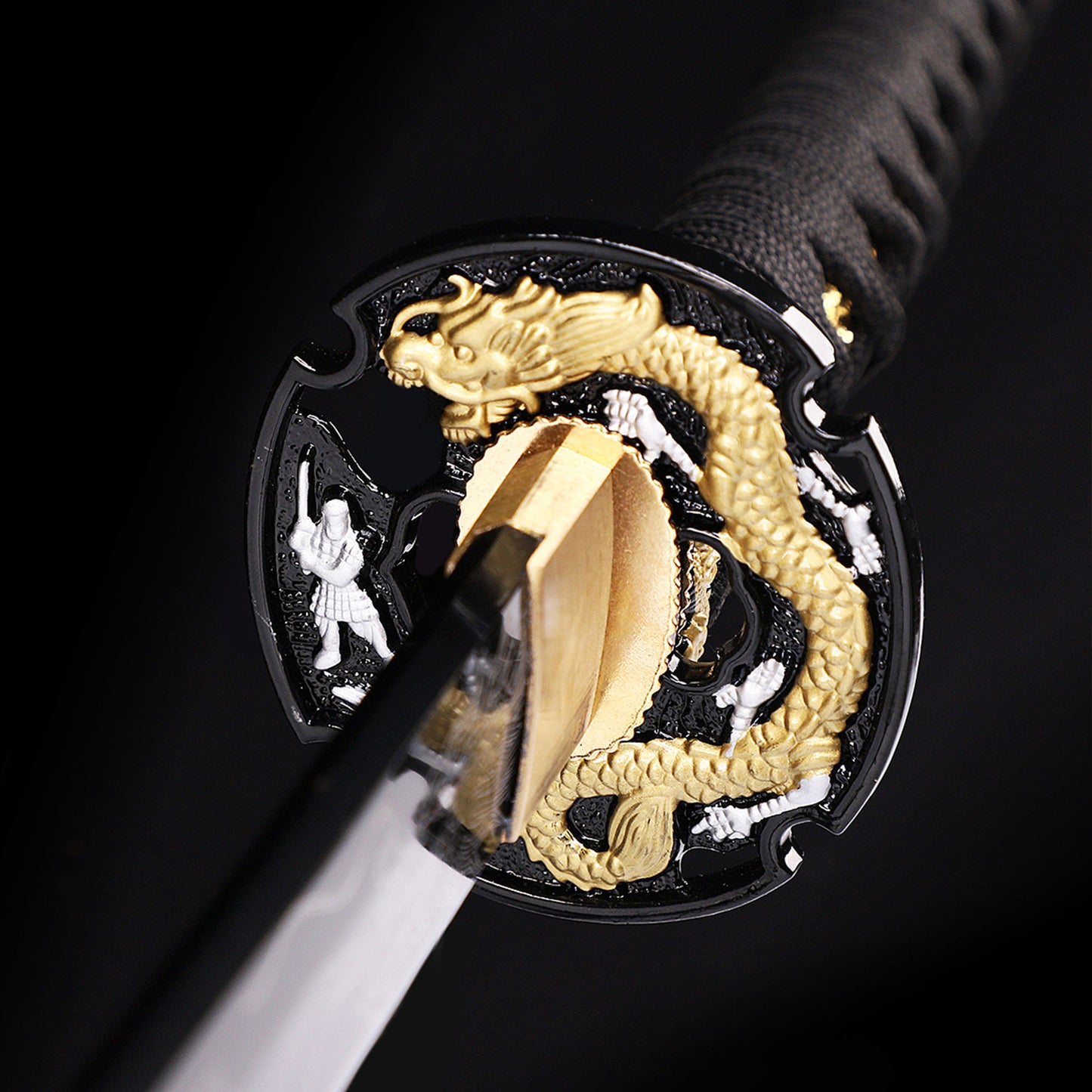 Black Dragon katana tsuba guard detail - dragon motif hand guard close-up