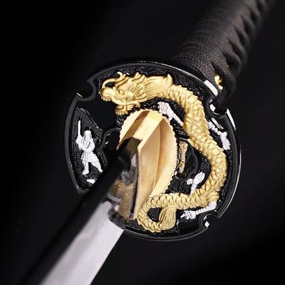 Black Dragon katana tsuba guard detail - dragon motif hand guard close-up