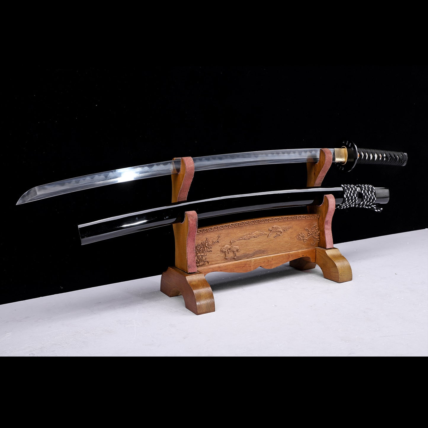 Damascus Steel Clay Tempered Katana, Gloss Black Lacquer Saya