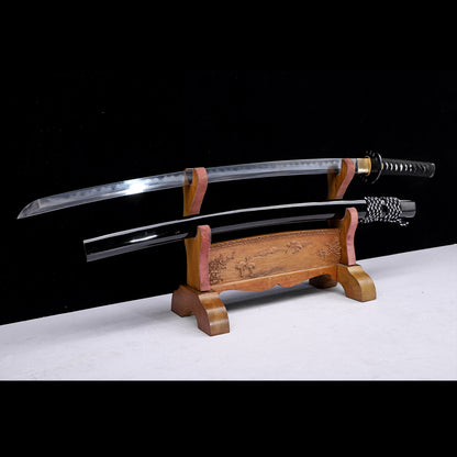 Damascus Steel Clay Tempered Katana, Gloss Black Lacquer Saya