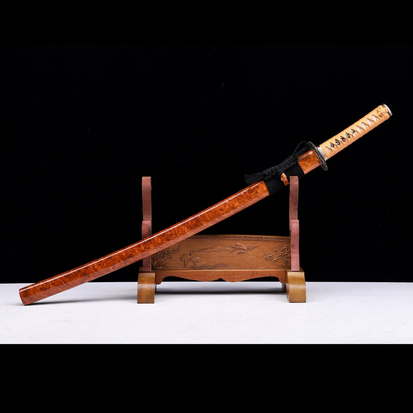 Damascus Steel Engraved Blade Katana, Burl Wood Grain Lacquer Saya