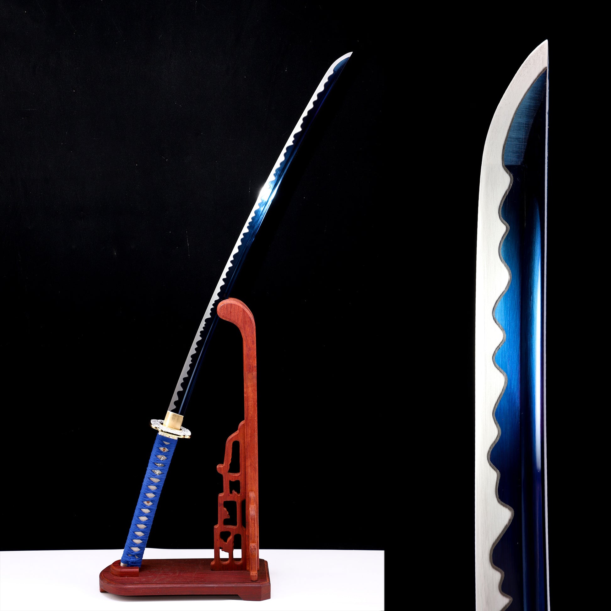 Teal saya blue handle katana blade close-up - razor sharp steel edge and hamon detail