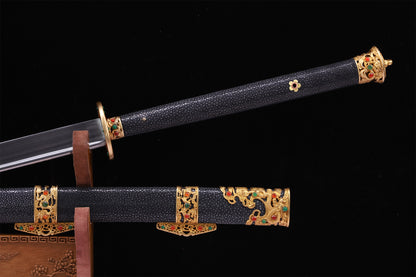 Full Wrapped Black Ray Skin Hollow Gilded Dragon Gem Inlaid Brass Fittings Sword