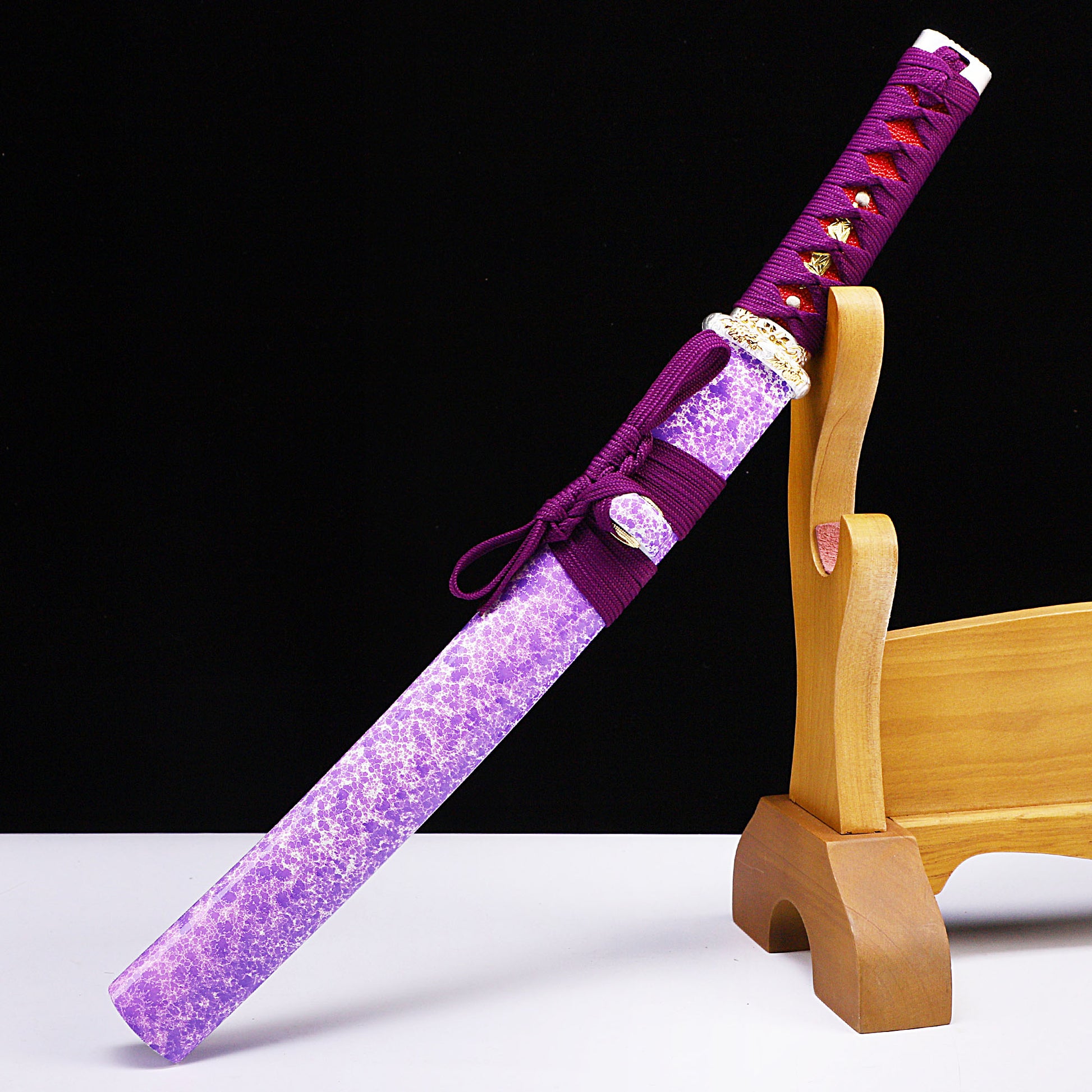 Purple marbled saya tanto side profile - full tang steel blade purple marble scabbard