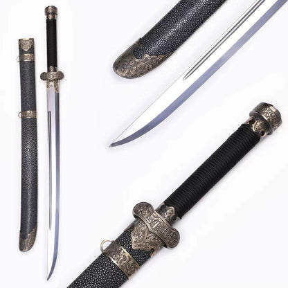 Black Genuine Ray Skin Antique Relief Copper Fittings Full Tang Collectible Sword