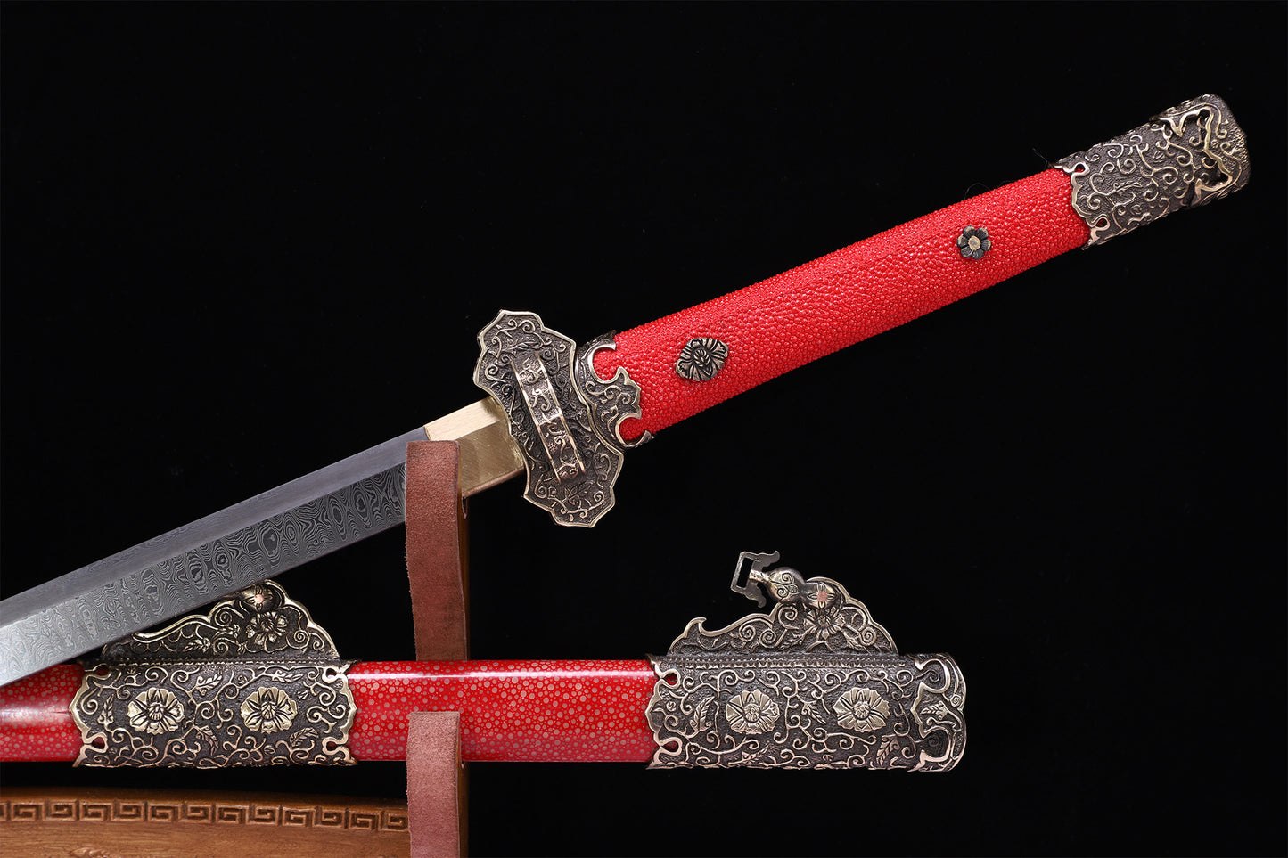 Red Genuine Ray Skin Scroll Floral Vintage Copper Fittings Sword
