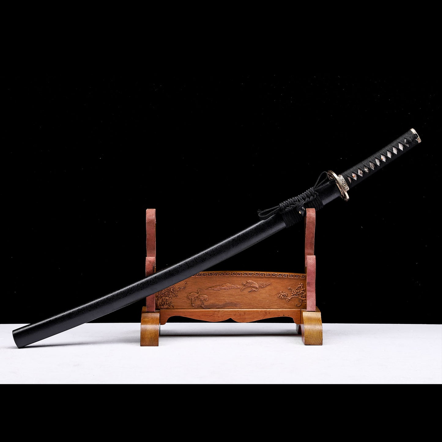 Damascus Steel Hand-Forged Katana with Black Grain Saya & Copper Fittings