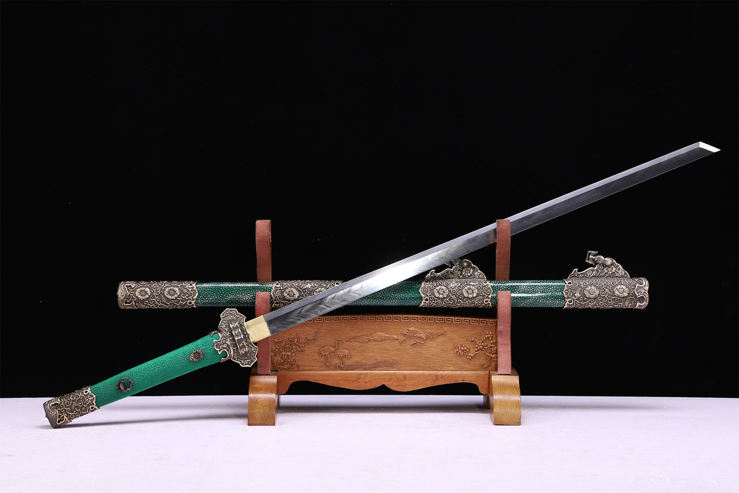 Emerald Green Genuine Ray Skin Scroll Floral Vintage Copper Fittings Sword