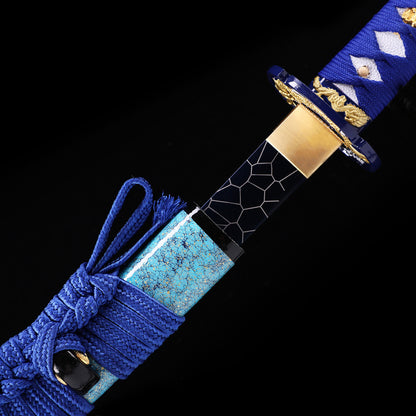 Light Blue Dragon katana side profile - full tang light blue coated steel blade