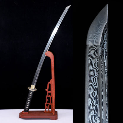 Layered Damascus Steel Hand Forged Katana, Black Gold Glitter Lacquer Saya