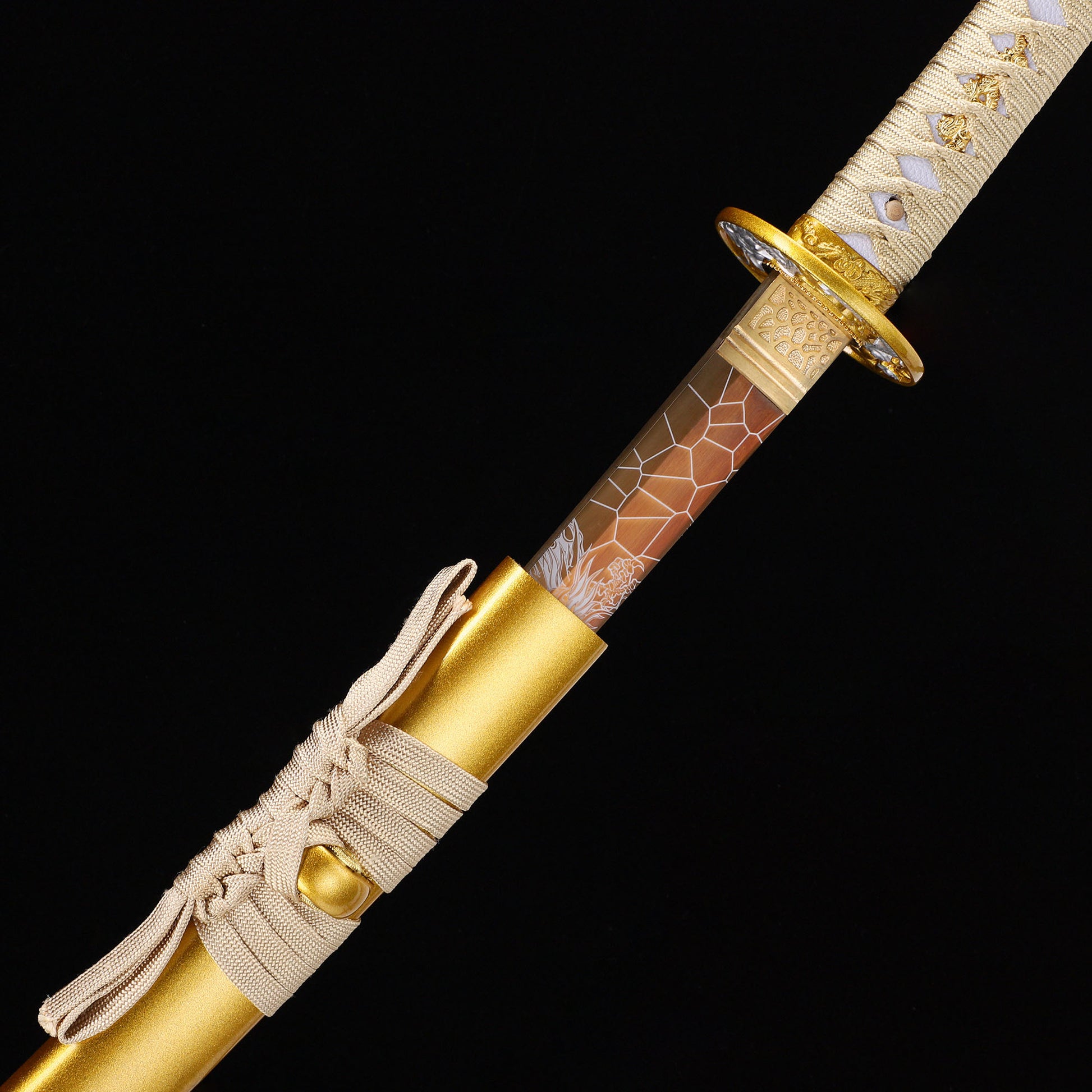 Golden Dragon katana blade close-up - razor sharp gold edge and hamon detail