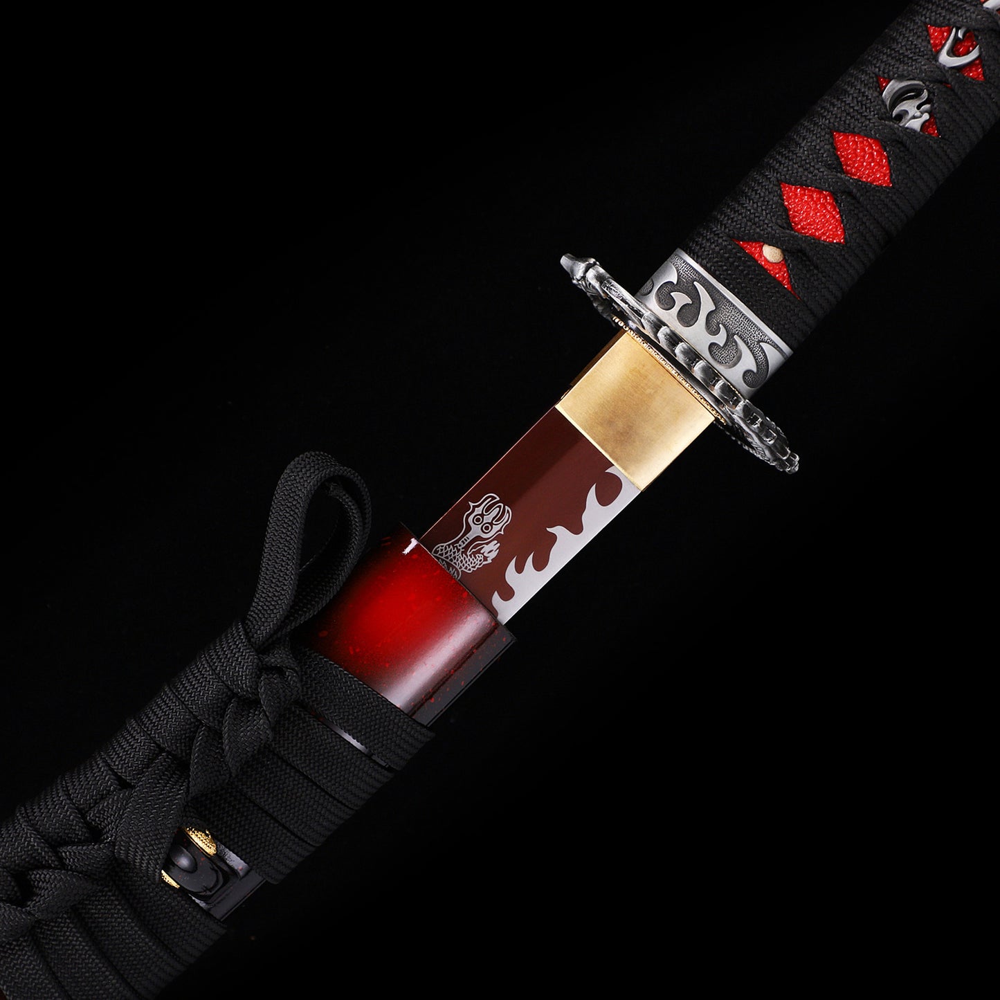 Dark Red Dragon katana side profile - full tang dark red coated steel blade
