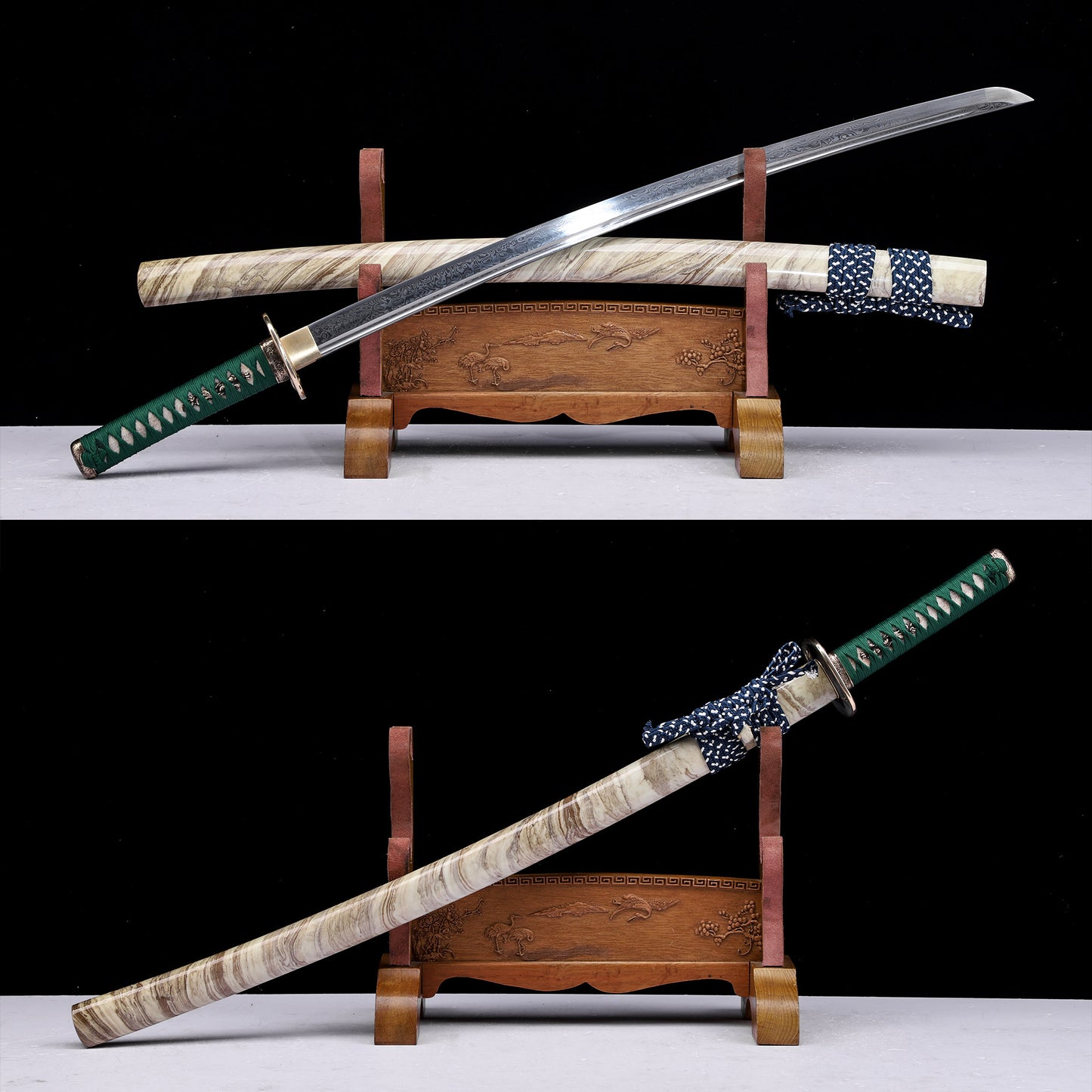 Twisted Damascus Steel Katana, Marble Wood Grain Lacquer Saya