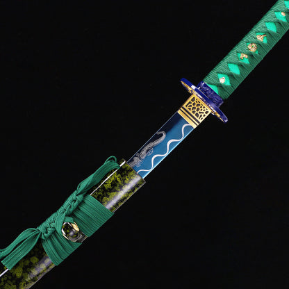 Blue Green Dragon katana side profile - full tang blue green coated steel blade