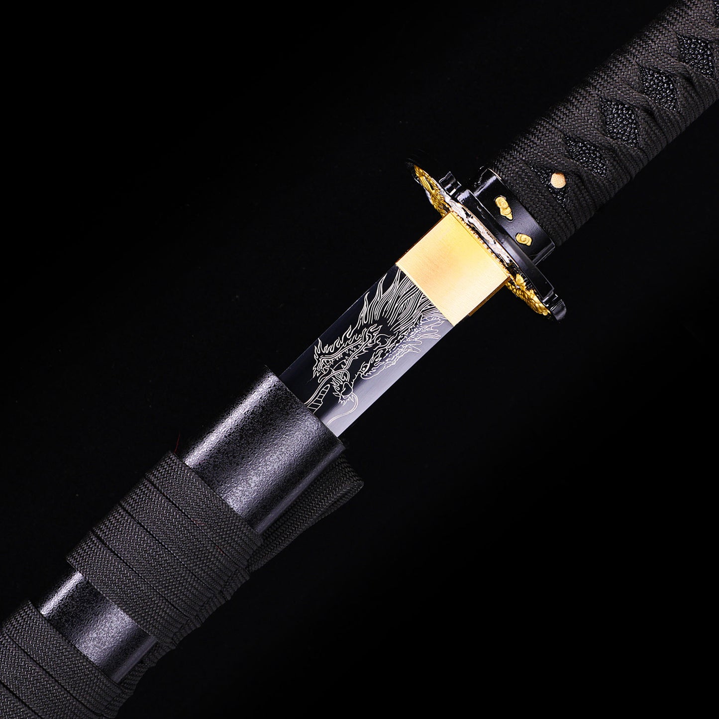 Black Dragon katana side profile - full tang black coated steel blade