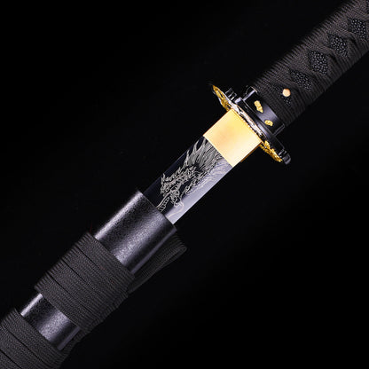 Black Dragon katana side profile - full tang black coated steel blade