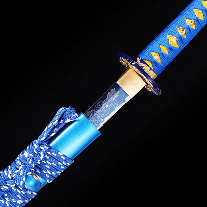 Blue Dragon katana side profile - full tang blue coated steel blade