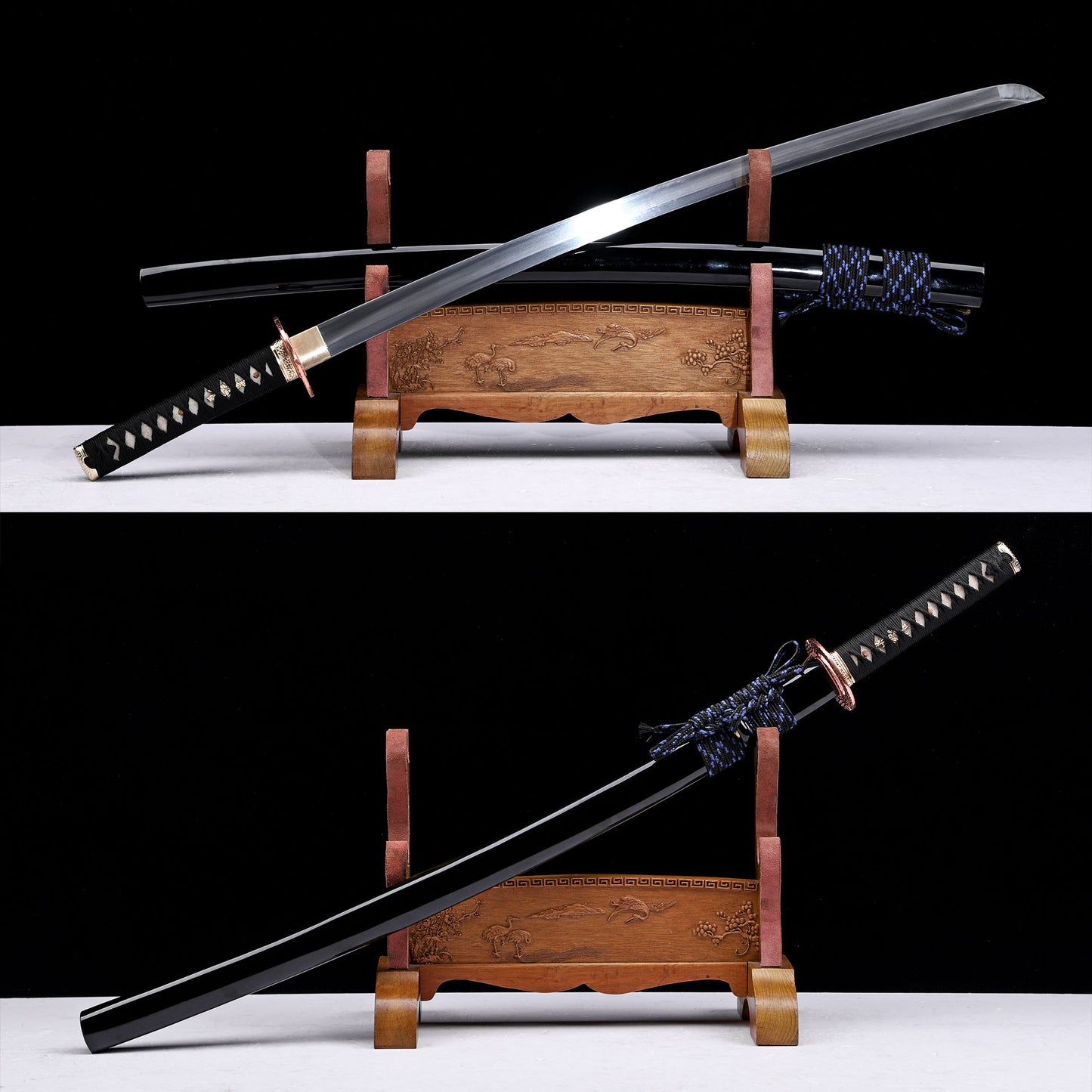 Hammered copper tsuba katana side profile - full tang blade black lacquer saya
