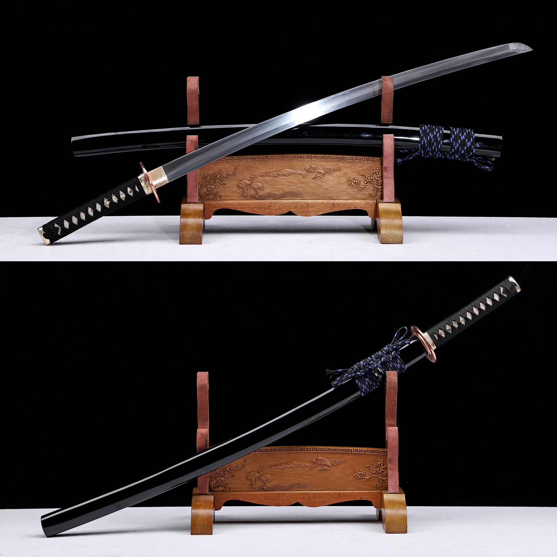 Hammered copper tsuba katana side profile - full tang blade black lacquer saya
