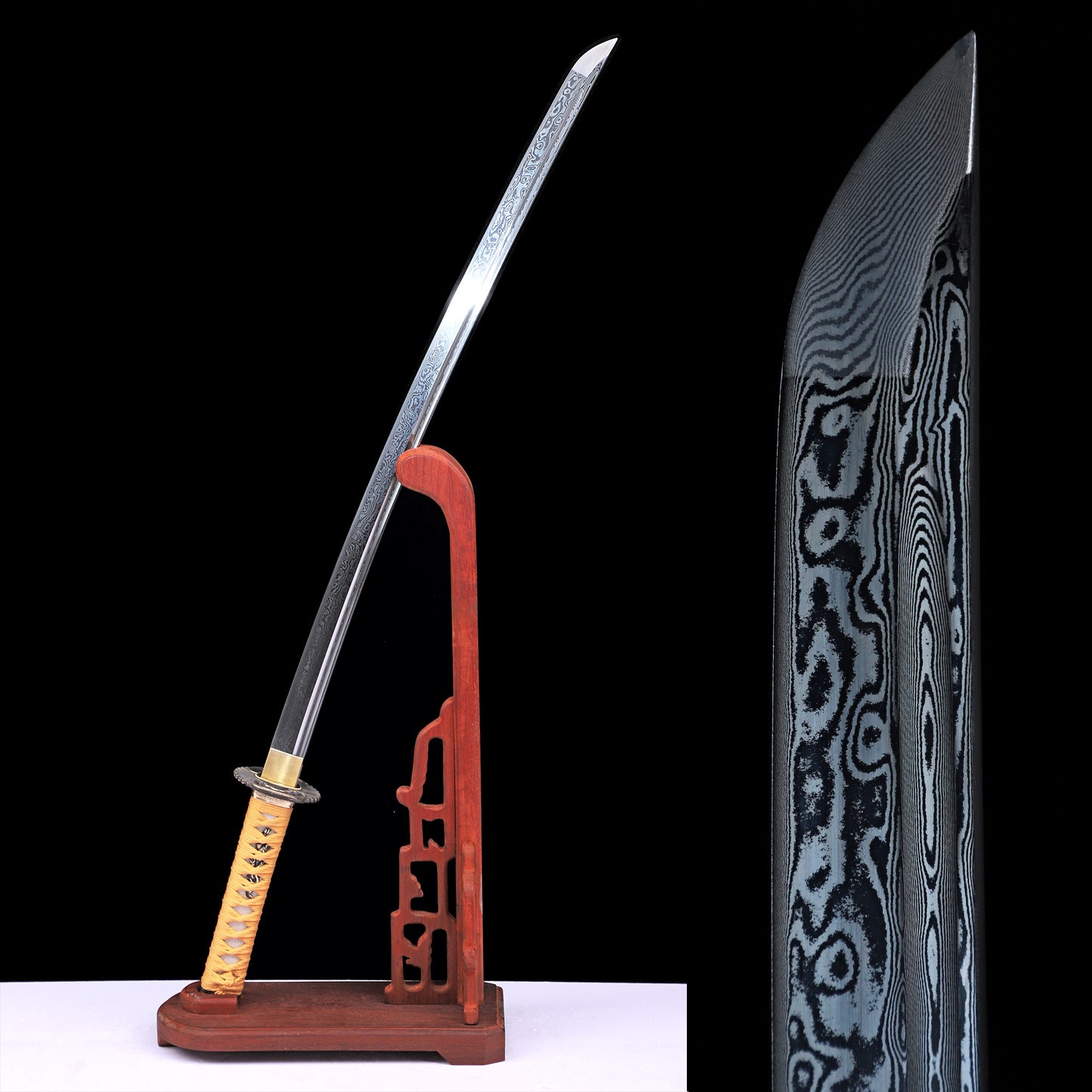Damascus Steel Engraved Blade Katana, Burl Wood Grain Lacquer Saya