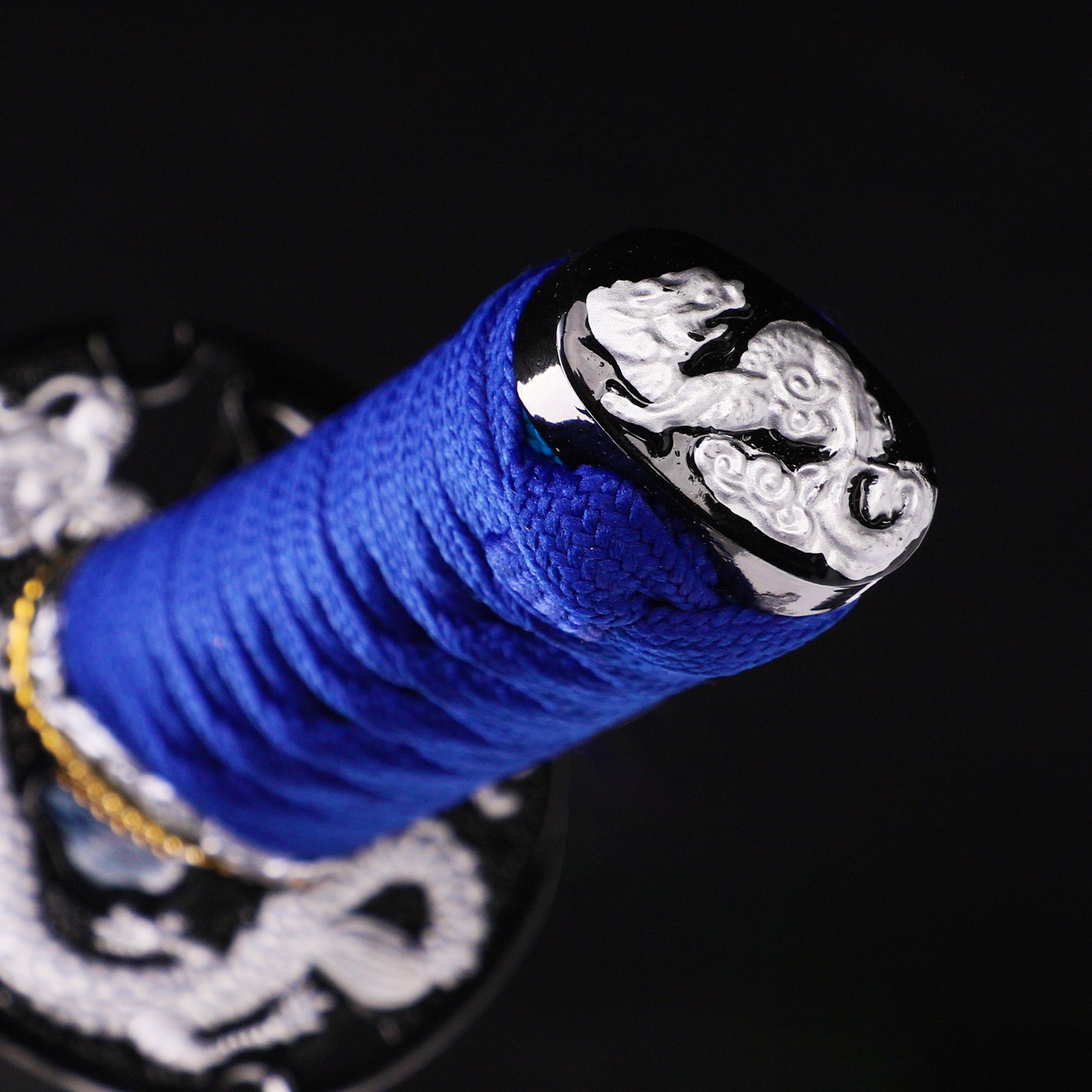 Blue blade dragon etching tanto tip detail - precision forged tanto point blue finish