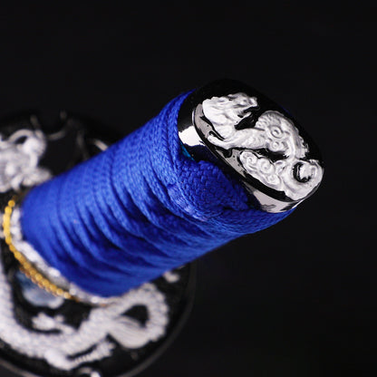 Blue blade dragon etching tanto tip detail - precision forged tanto point blue finish