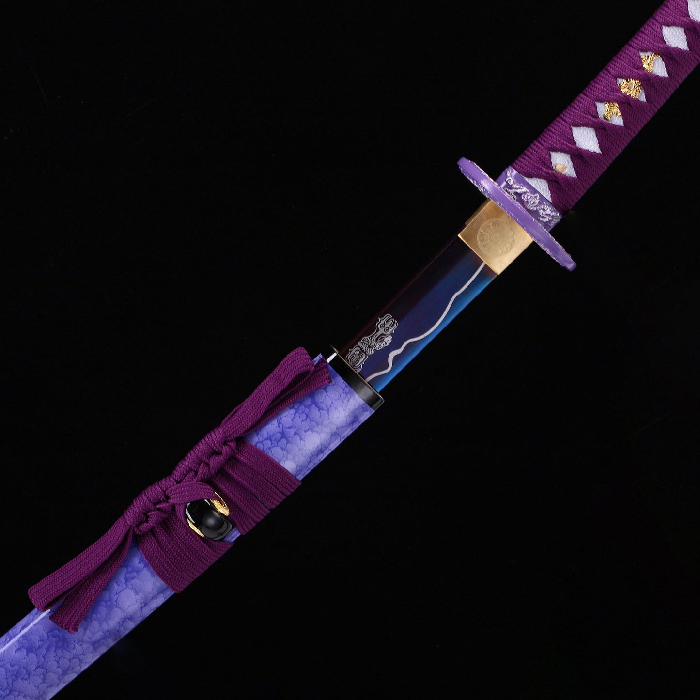 Purple Dragon katana blade close-up - razor sharp purple edge and hamon detail
