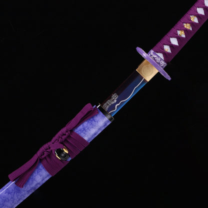 Purple Dragon katana blade close-up - razor sharp purple edge and hamon detail