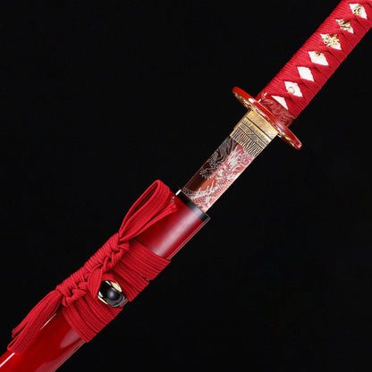 Red Dragon katana blade close-up - razor sharp red edge and hamon detail