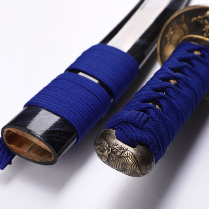 Blue handle black pattern tanto saya close-up - black lacquer pattern scabbard detail