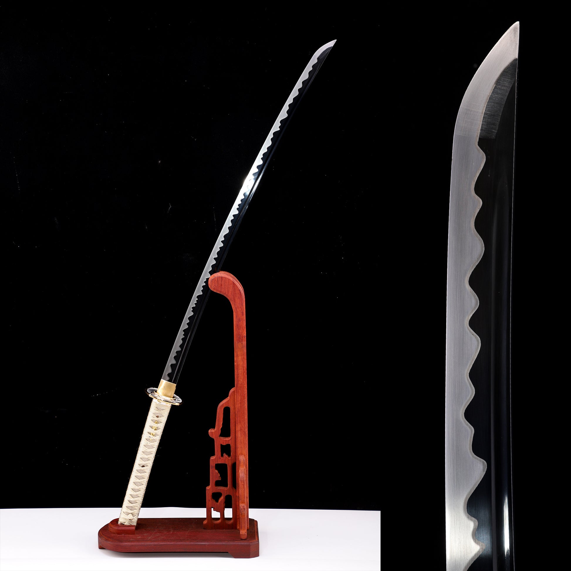 Beige wrapped handle katana blade close-up - razor sharp steel edge and hamon detail