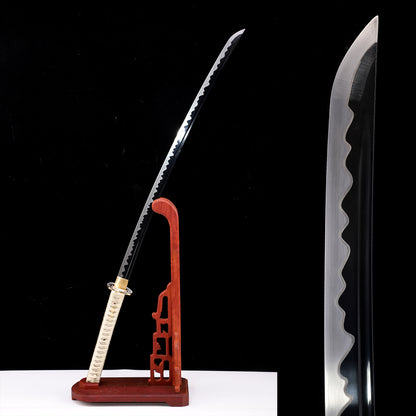 Beige wrapped handle katana blade close-up - razor sharp steel edge and hamon detail