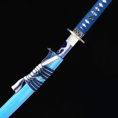 Light Blue Dragon katana blade close-up - razor sharp blue edge and hamon detail